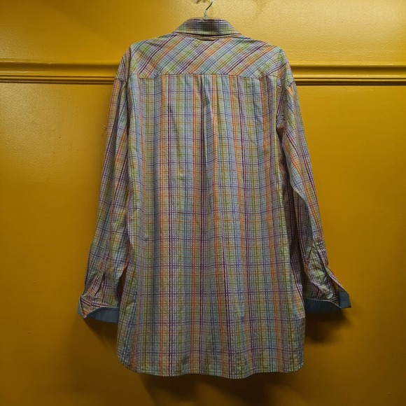 Tommy Hilfiger rainbow plaid check 80' 2 ply fabric button up flip cuff shirt XL - Picture 2 of 8